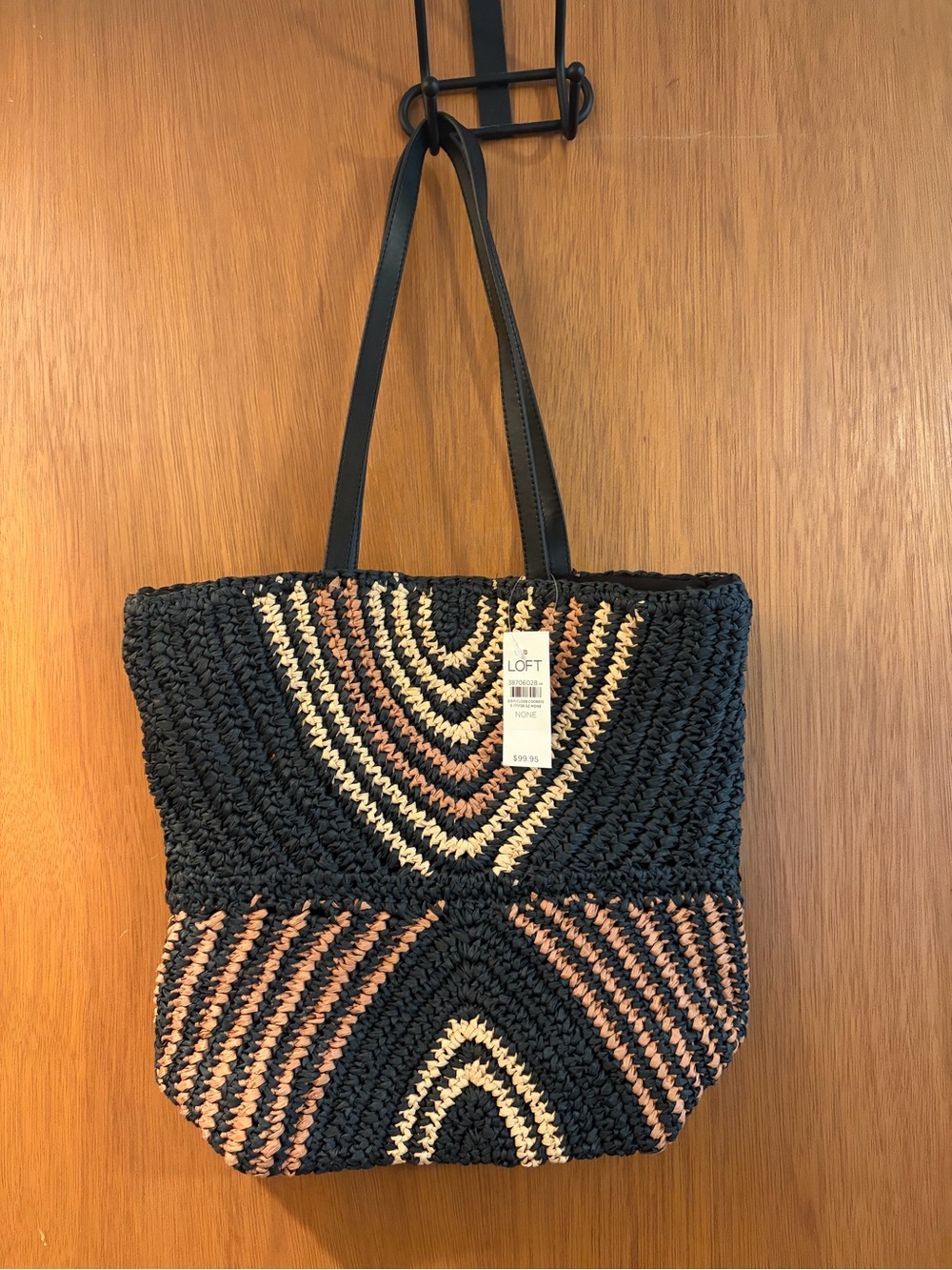 LOFT Black Woven Tote with Cream and Tan Chevron Accents